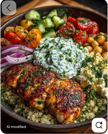 Loaded Mediterranean chicken power bowl with feta and tzatziki