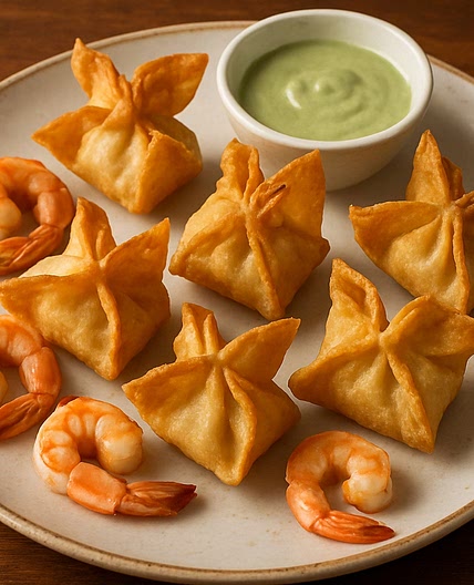 'Wontons' de queso de cabra y camarones