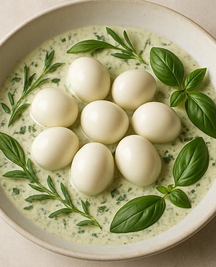 Huevos de codorniz con crema de estragón y albahaca