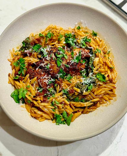 One Pan Sun-Dried Tomato Chicken Orzo