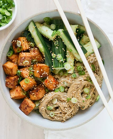 Sesame Soba Noodle Bowl with Spicy Soy-Baked Tofu & Smashed Cucumbers