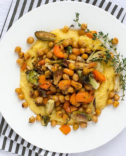 Roasted Chickpeas, Brussels Sprouts & Carrots with Polenta