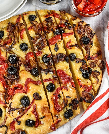 Focaccia with Caramelized Onions and Roasted Red Peppers