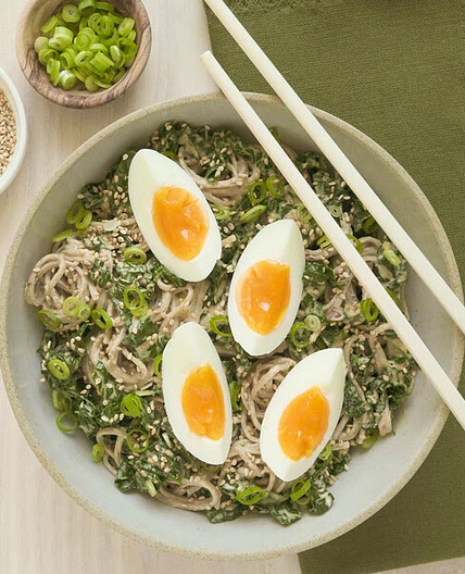 Spicy Sesame Soba Noodles with Kale, Green Onion & Soft-Boiled Eggs