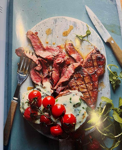 Steak with blue mushrooms 