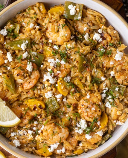 One Pot Mediterranean Shrimp Orzo (high protein)