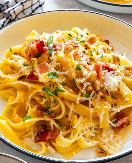 Butternut Squash Pasta with Bacon and Pine Nuts