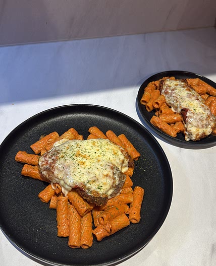 CRISPY CHICKEN PARM WITH CREAMY TOMATO TORTIGLIONI