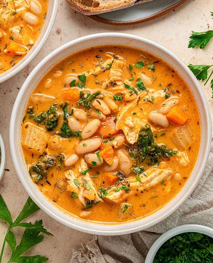 Chicken and White Bean Soup with Braised, Shredded Thighs