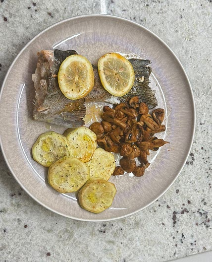 Baked Sevan Trout with Herbs, Mushroom and Zucchini