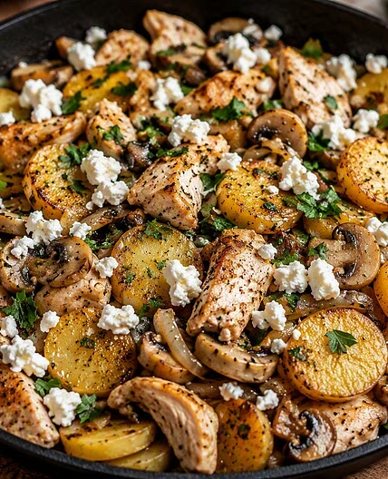 Kartoffel-Pilz-Puten-Pfanne mit Feta