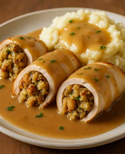 Turkey Stuffing Rolls with Gravy and Potatoes