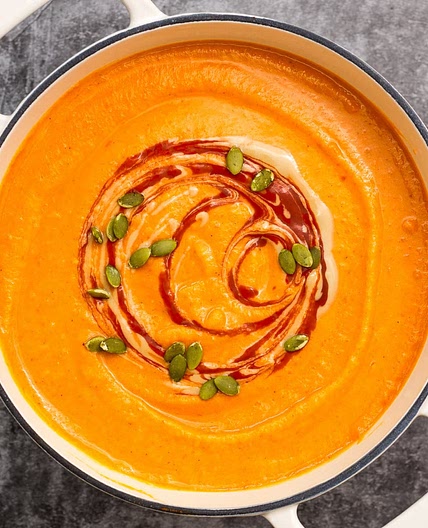 Butternut Squash and Red Pepper Soup with Harissa & Tahini