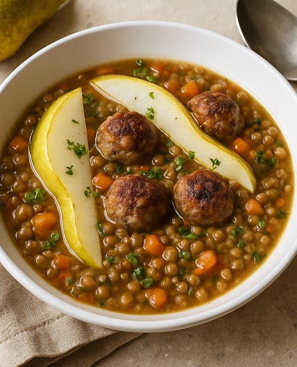 Linsensuppe mit Birnen und Salsiccia-Bällchen