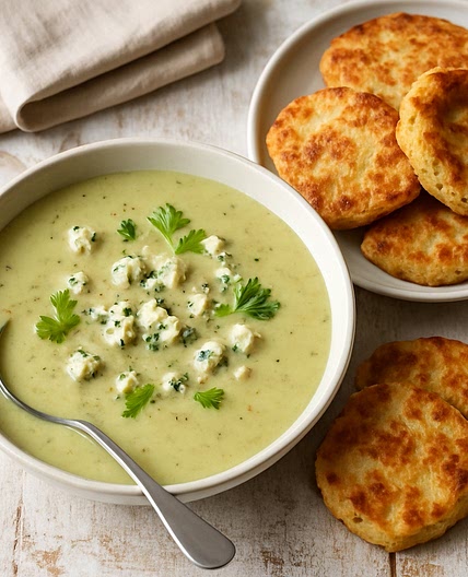 Celery & stilton soup with hot potato scones