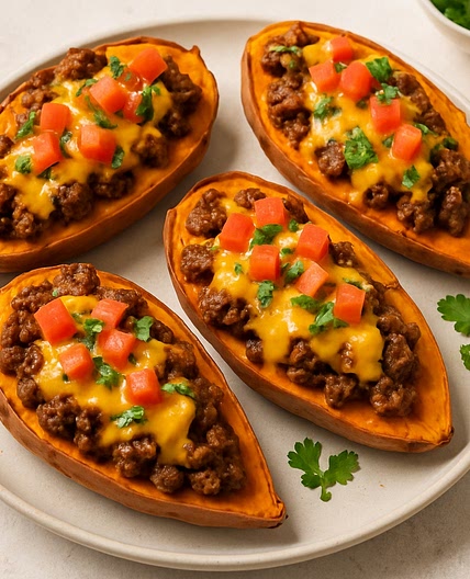 Cheesy Taco Beef Stuffed Sweet Potatoes