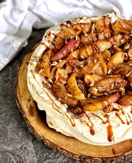 Autumn Pavlova with Apples, Maple Cream, and Salted Caramel
