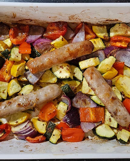 Honey & mustard sausages & veg