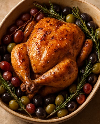 Harvest roast chicken with grapes, olives, and rosemary