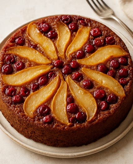 Buttery Brown Sugar Pear and Cranberry Cake
