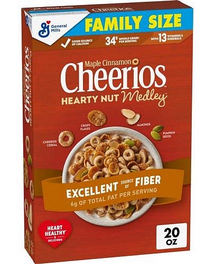 Breakfast: Cheerios Hearty Nut Medley Breakfast Cereal, Maple Cinnamon Flavored,