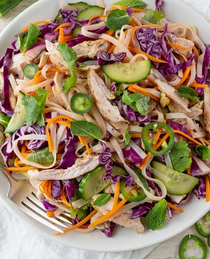 Asian Rice Noodle Salad with Grilled Chicken, Jalapeños & Fresh Herbs