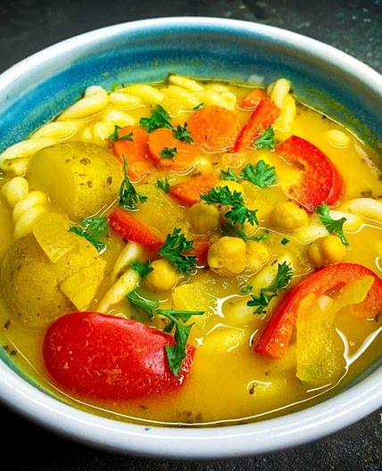 Vegan ginger turmeric chickpea noodle soup
