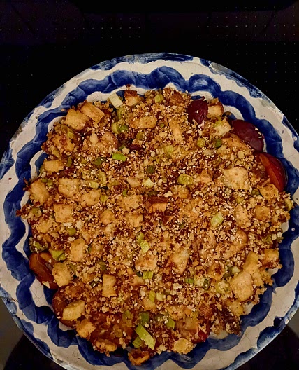 Gratinéed Plums with Smoked Tofu Crumble