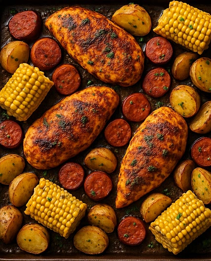 Cajun Sheet Pan Chicken, Andouille, Potatoes & Corn