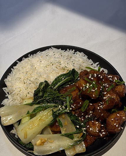 CHINESE STYLE PORK BELLY WITH COCONUT RICE & GARLIC PAK CHOI