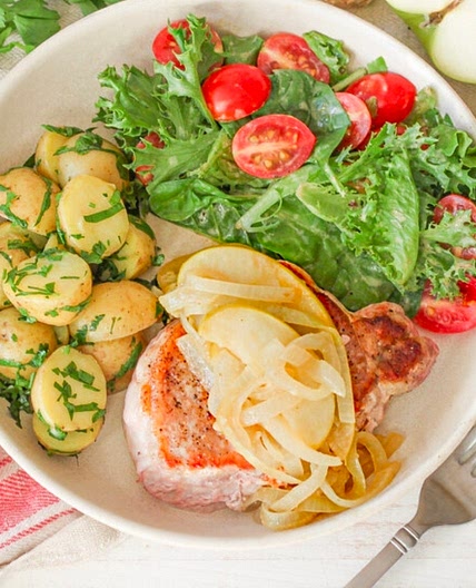 Pork Chop with Honey-Dijon Apples, Parsley Potatoes & Mixed Greens