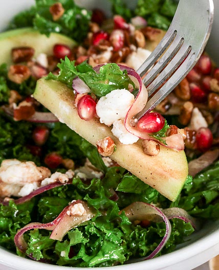 Kale Apple Pecan and Pomegranate Salad with Pomegranate Balsamic Dressing