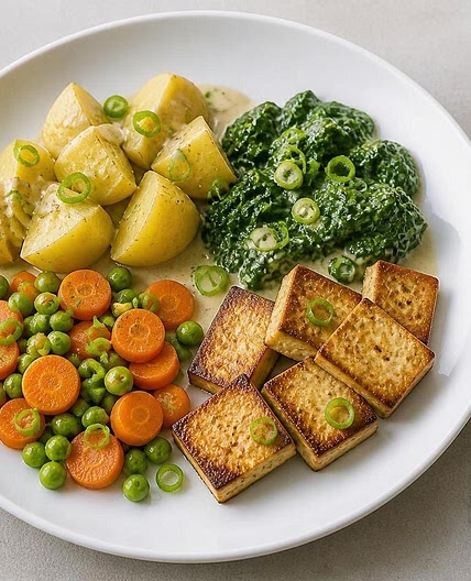 Kartoffeln mit Spinat Tofu und Rahmgemüse