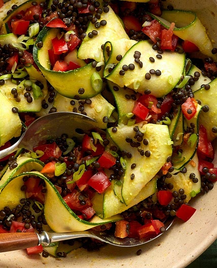 Ribboned Zucchini Salad with Lentils and Creamy Turmeric Dressing