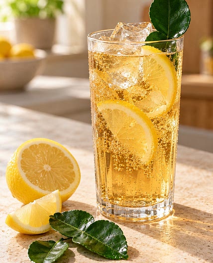 Almdudler mit Zitrone und Limettenblatt