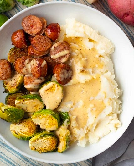 Brussels Sprouts, Mashed Potato & Sausage Bowl with Creamy Dijon Sauce