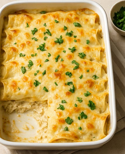 Creamy White Chicken Enchilada Bake