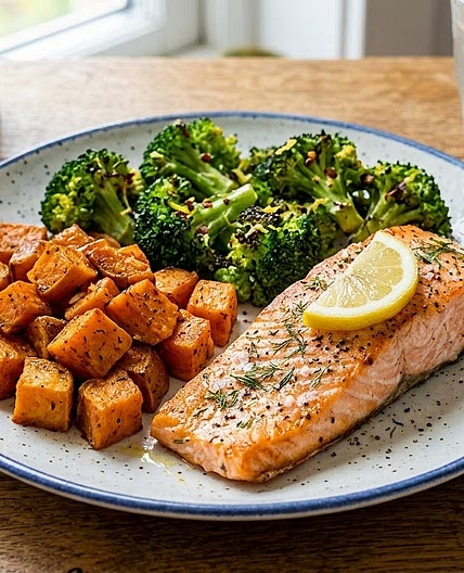 Salmon with sweet potatoes & broccoli