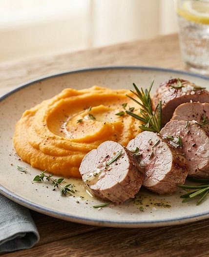 Pork Tenderloin with Sweet Potato Puree & Herb Butter