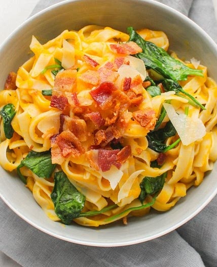 Butternut Squash Fettuccine with Bacon & Baby Spinach
