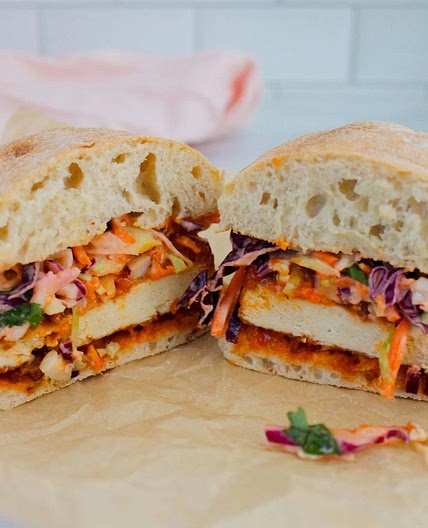 Crispy Gochujang Tofu Sandwich with Sriracha Slaw
