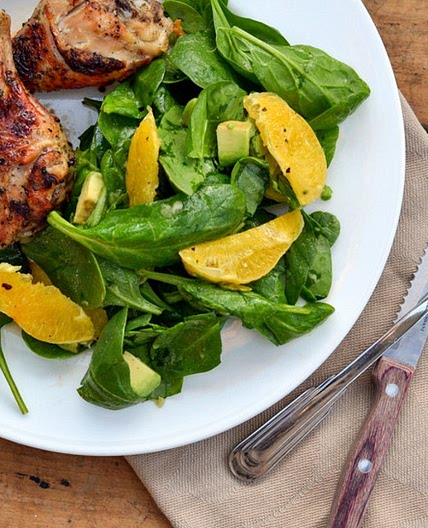 Honey Garlic Chicken Drumsticks with Spinach, Avocado & Orange Salad