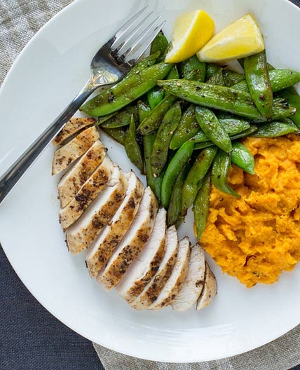 Pan-Fried Chicken with Sautéed Sugar Snap Peas & Sweet Potato Mash