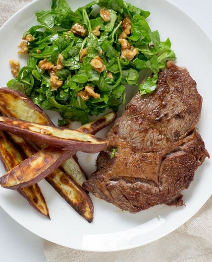 Ribeye Steak with Sweet Potato Wedges & Arugula-Walnut Salad