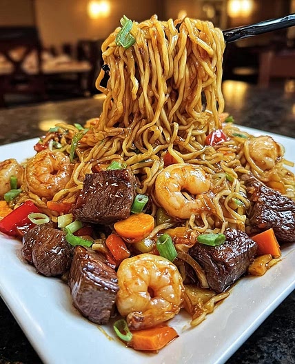 Sizzling Steak & Shrimp Teriyaki Noodles