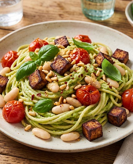 Protein-Avocado-Pasta mit Kirschtomaten, Räuchertofu & weißen Bohnen