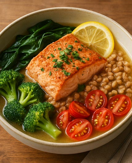 Salmon Farro Bowl with Lemon-Parmesan Broth