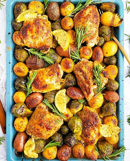 Lemony Rosemary Sheet Pan Chicken with Brussels Sprouts & Potatoes