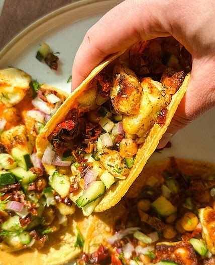 Halloumi and Chickpea Tacos with Cucumber Salsa