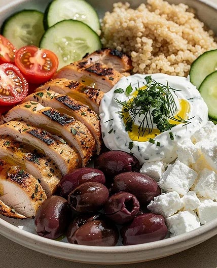 Greek Grilled Chicken Power Bowls with Homemade Tzatziki